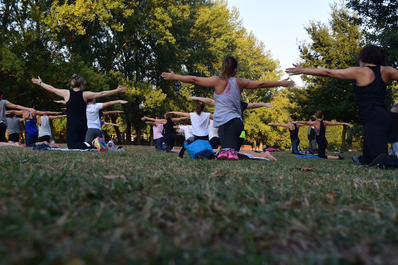 Home Group of adults practicing yoga outdoors in a park surrounded by trees.